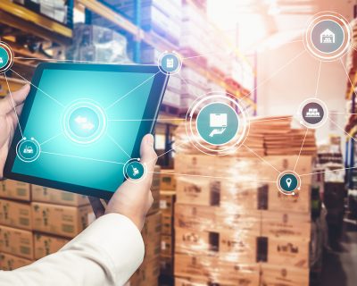 Smart warehouse management system with innovative internet of things technology to identify package picking and delivery . Future concept of supply chain and logistic network business .